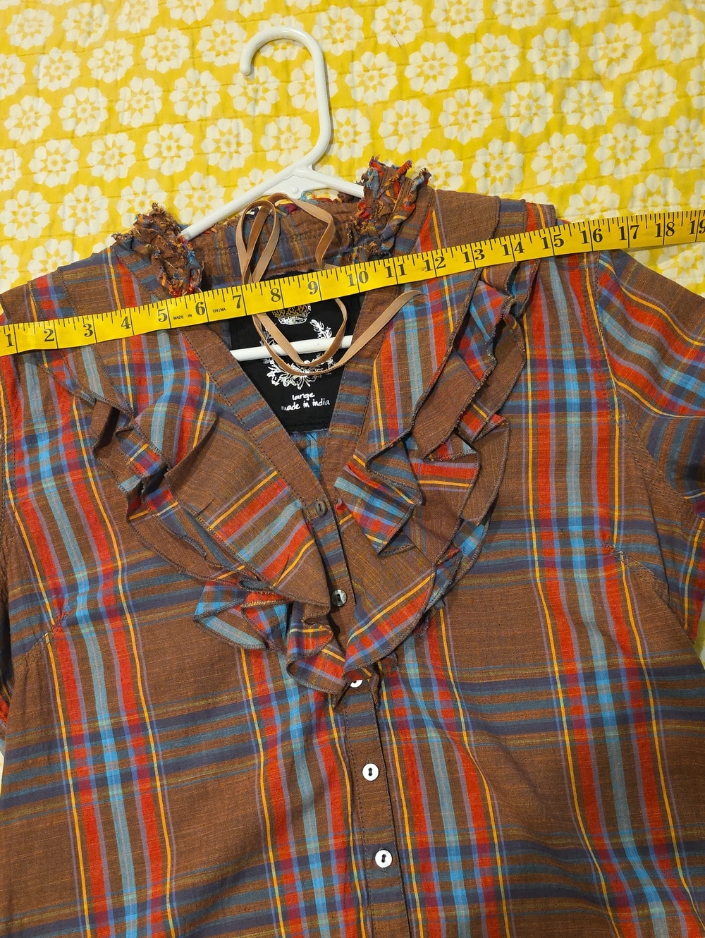 Cino Frayed Ruffle Fringe Plaid Button-Up Shirt Brown Red Blue Large Cotton - Picture 11 of 14